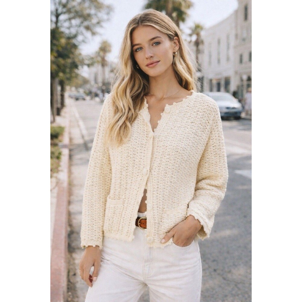 Alexa Chung for Madewell Crocheted Cardigan Womens XL‎ Wool Cream Picot Trim